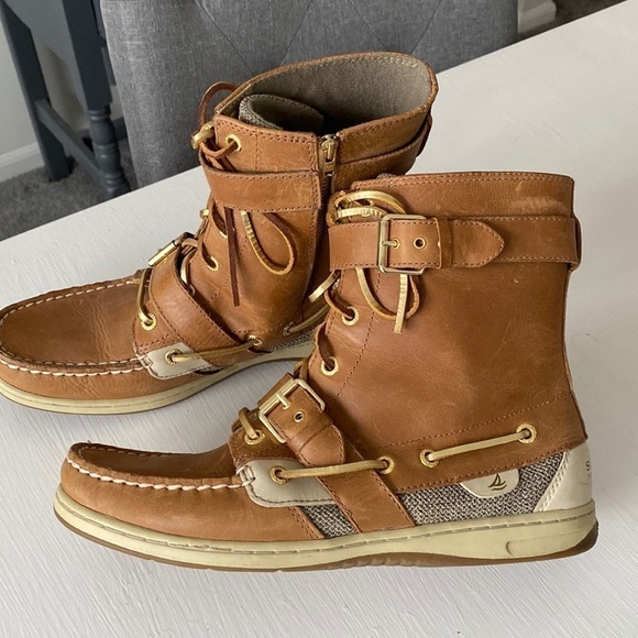 Sperry Top Sider Leather Upper Boots Gold Laces Lace Up Double Buckle Like New - Picture 6 of 17